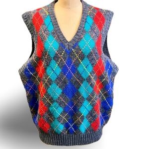 Vintage 80s argyle preppy knit sweater vest‎ multicolor v neck golf country club